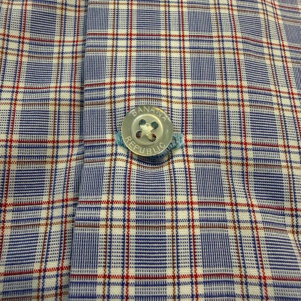 Banana Republic Grant Fit Mens Medium Blue Red Non-Iron Cotton Stretch Shirt